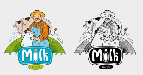 A milkman holding a can of milk on a green meadow with a cow and a logo for dairy products.