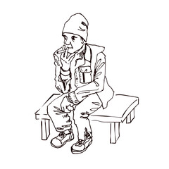 A street worker sits on a bench. Hand drawn vector illustration.