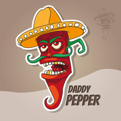 Cartoon red pepper in a yellow sombrero in Mexican style.