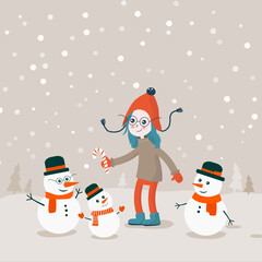 Girl and snowman's family. Flat bright vector illustration, cartoon doodle, child making snowman. Trees, flakes, snow in circle.  Christmas and New Year cute card.
