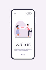 Man and woman holding banner with text. Speech bubble, announcement, info flat vector illustration. Communication and advertising concept for banner, website design or landing web page