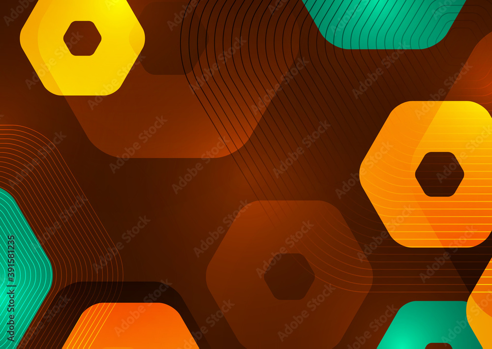 Poster bright abstract background of rounded multicolored hexagons and lines. business presentation templat