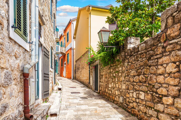 Empty narrow medieval European street in the Old Town of Herceg Novi, Montenegro