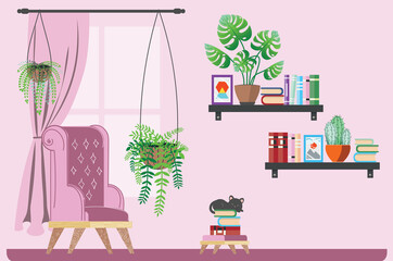 Room with black cat and houseplants