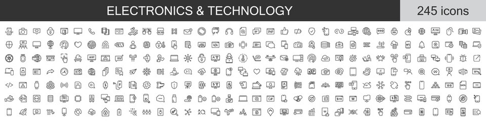 Fototapeta na wymiar Big set of 245 Electronics and Technology icons. Thin line icons collection. Vector illustration