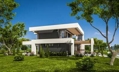 Fototapeta na wymiar 3d rendering of modern cozy house with pool and parking for sale or rent in luxurious style and beautiful landscaping on background. Summer sunny day with clear blue sky.