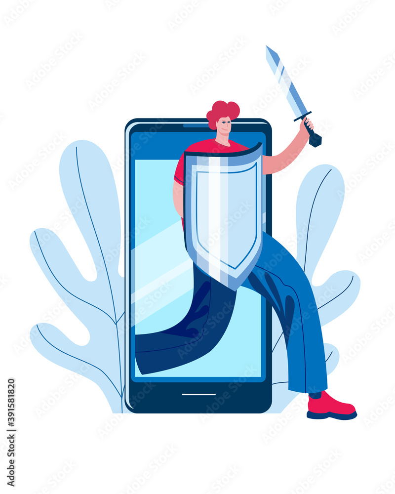 Poster a man with a shield and a sword comes out of the smarphone. concept of a vector illustration on the 