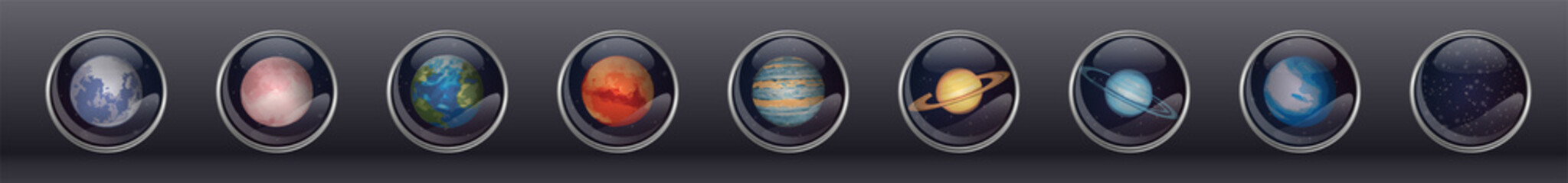 glass badge buttons with solar system planets astronomy label. realistic steel silver space medals with stars and planet