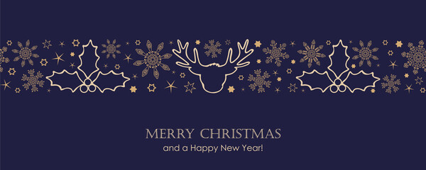 blue christmas card with white seamless pattern snowflakes and deer vector illustration EPS10