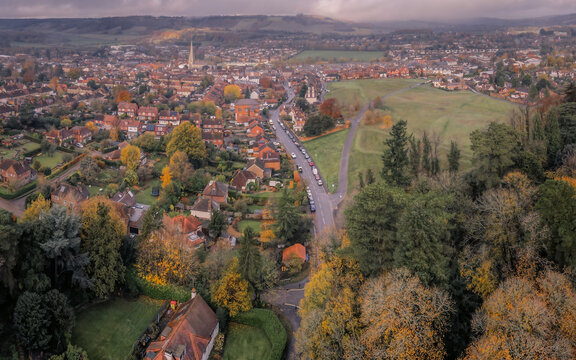 Aerial View Of Streets Of Houses In Beautiful Rural English Market Town