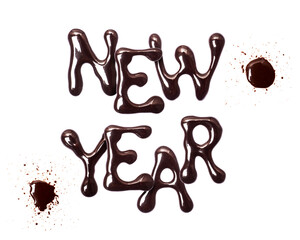 Obraz premium Glossy inscription New Year is made from chocolate font isolated on white background.