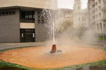 Thermal geyser (Vridlo) in front of spa building, Karlovy Vary, Czech Republic