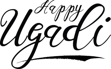 Happy Ugadi Calligraphy Black Color Text On White Background
