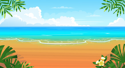 Fototapeta na wymiar Summer tropical beach with sun loungers, table with cocktails, umbrella, mountains and islands. Seaside landscape, nature vacation, ocean or sea seashore.Vector cartoon illustration.