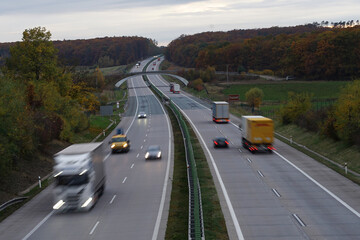 Modern motorway D11 aerial view with blurred cars and trucks, Czech Republic