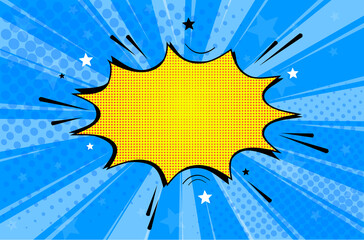 Pop art retro comic. Yellow-blue background superhero. Lightning blast halftone dots. Cartoon vs. Vector . - 391584258