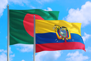 Ecuador and Bangladesh national flag waving in the windy deep blue sky. Diplomacy and international relations concept.