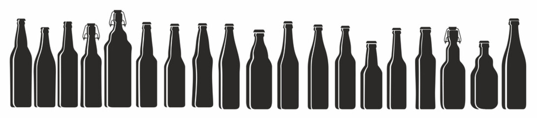 Silhouettes of beer bottles. Various types set. Black and white graphics