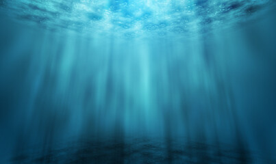 Underwater blue sea or ocean deep with sun rays background.