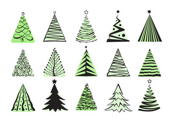 Hand Drawn Christmas Tree Icon Set Isolated on White Background