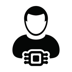 Chip icon vector for human implant with male user person profile avatar symbol for tracking system in a glyph pictogram illustration