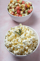 Homemade popcorn on on colorful backgrounds
