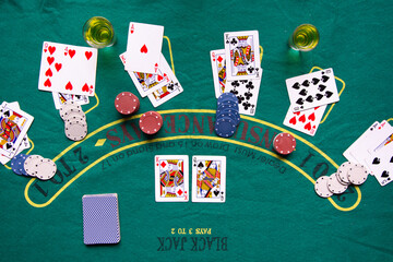 blackjack, card game on green mat