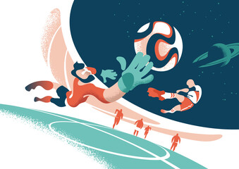 Drawn soccer players in action. Кick the ball and goalkeeper save