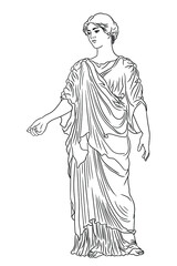 An ancient Greek young woman in a tunic and cape stands looks away and gestures. Figure isolated on white background.