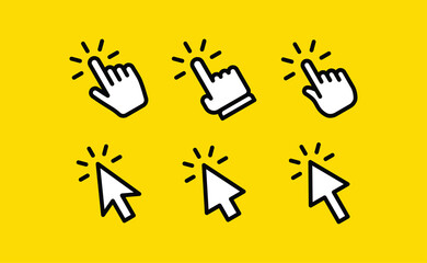 Clicking icons collections. Hand and arrow click icon. Cursor set.
