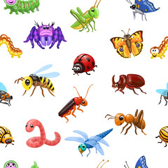 Naklejka premium Seamless pattern with beetles, Cartoon insects and bugs. Cute ant, worm, caterpillar, spider and butterfly, wasp and bumblebee vector