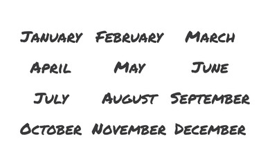 Handwritten names of months: December, January, February, March, April, May, June, July, August, September, October, November. Calligraphy words for calendars and organizers.
