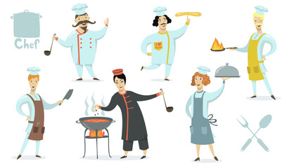 Chefs wearing aprons and cookers hat set. Professionals cooking restaurant meals. Vector illustration for food, culinary, kitchen, job, traditional cuisine concept