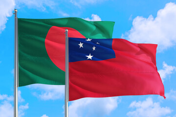 Samoa and Bangladesh national flag waving in the windy deep blue sky. Diplomacy and international relations concept.
