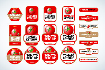 Tomato ketchup, sauce badge label design set. Vector hand drawn illustration of tomatoes in engraving technique. Vintage shield form templates for tomato sauce packaging.