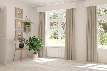 White living room with chair and green landscape in window. Scandinavian interior design. 3D illustration