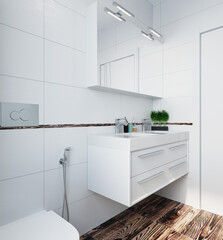 3d rendering. Modern toilet interior with white tiles.