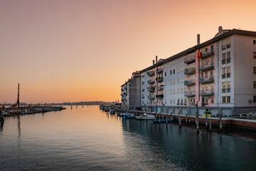 Obraz premium Romantic cityscape of Ghioggia - near Venice - with canals, buidings, bridges and canals in sunset sunlight. Bridge di Vico