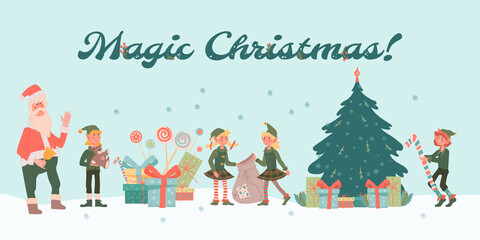 Magic Christmas poster or banner design with cute little elves and Santa Claus, flat vector illustration. Christmas and New Year background template with cartoon elves.
