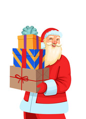 Santa Claus holding Christmas presents isolated on a white background.Vector cartoon illustration.