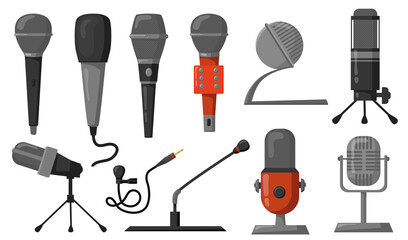Microphones flat illustrations set. Studio equipment for podcast or music recording or broadcasting. Vector illustration for audio technology, communication, performance concept