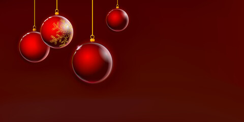 Red Christmas balls background, dark crimson Xmas glass colorful decoration. Art 3D. Happy New Year Holiday. Numbers with golden sparkle. Vector illustration.
