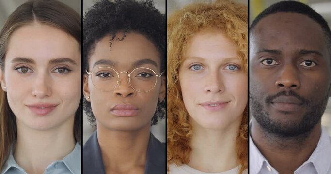 Collage portrait of mixed race business people. Young international group, man and woman looking into the camera. Multi Screen. Summer time. Business concept