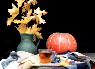 A maple branch with an orange pumpkin, a warm scarf and a Cup of tea on a black background, side...