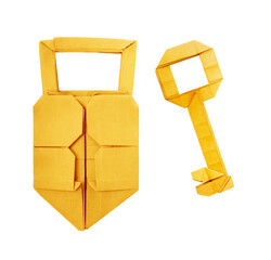Origami paper golden padlock with key isolated on a white