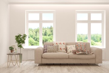 White living room with sofa and summer landscape in window. Scandinavian interior design. 3D illustration