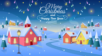 Fototapeta na wymiar Winter village. Christmas background with houses and the church. Vector cartoon illustration.