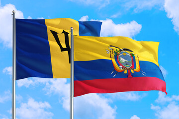 Ecuador and Barbados national flag waving in the windy deep blue sky. Diplomacy and international relations concept.