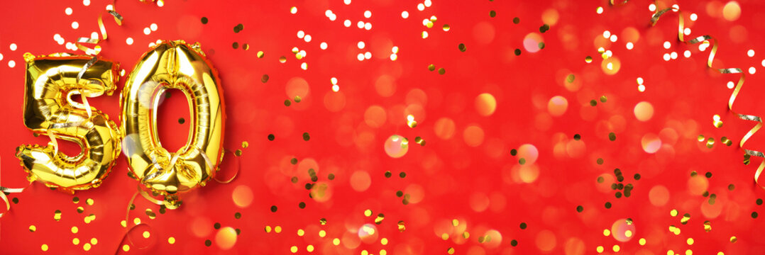 Gold foil balloon number, digit fifty. Birthday greeting card with inscription 50. Anniversary celebration event. Banner. Golden numeral, red background. Numerical digit, light bokeh, glitter.