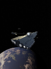Fighter Attack on a Light Spaceship Battle Cruiser, 3d digitally rendered science fiction illustration